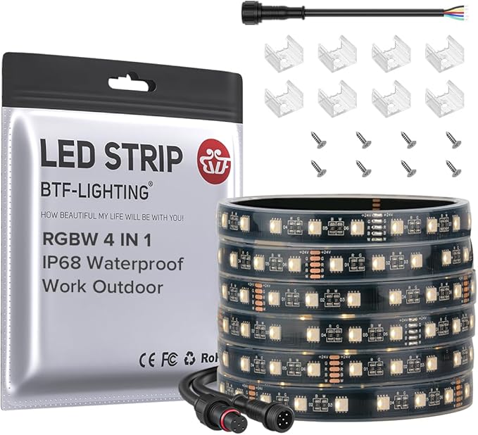 BTF-LIGHTING IP68 Waterproof Outdoor RGBW LED Strip 5050SMD RGB+Warm White(3000K-3500K) 4 Colors in 1 DC24V 16.4ft 5m 60LED/m Multi-Colored Tape Lights for Kitchen Decoration(No Adapter or Controller)