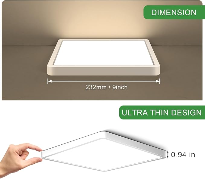 9Inch 18W Square LED Ceiling Light Fixtures Flush Mount, 2800K Warm White LED Ceiling Lamp, Surface Mount Modern Ceiling Lights, Slim Flat Panel Lighting for Bedroom, Kitchen, Bathroom Etc.