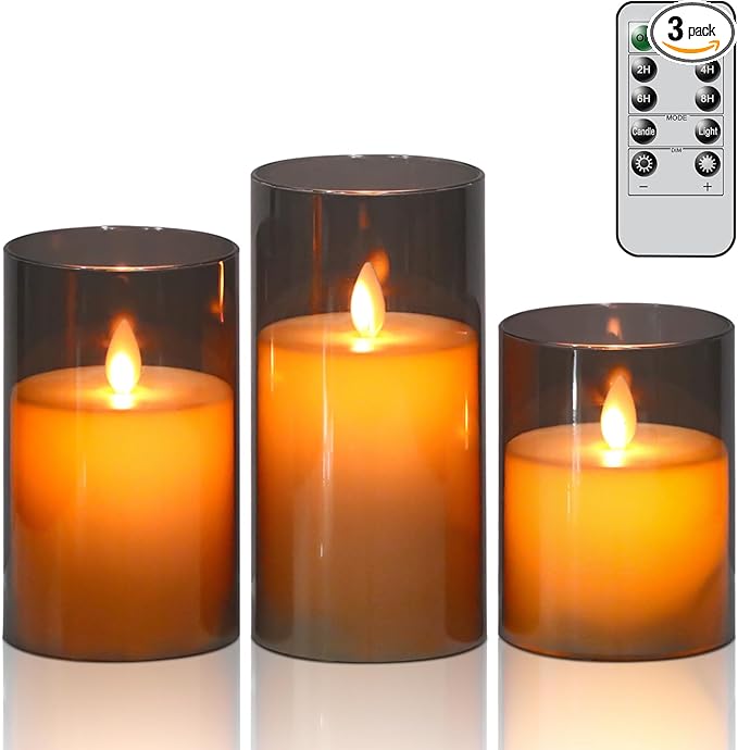 DRomance Black Glass Flameless Candles with Remote Timer Moving Wick Battery Operated LED Flickering Pillar Candles Plastic Dinner Wedding Christmas Holiday Decor D3 x H4, 5", 6"