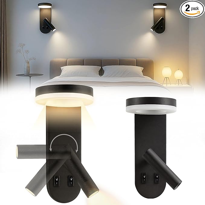 Wall Mounted Reading Lights for Bedroom - Independent Switch, 350° Adjustable Bedside Lamps Set of 2, Hardwired Installation LED Wall Sconces for Living Room, Study Room