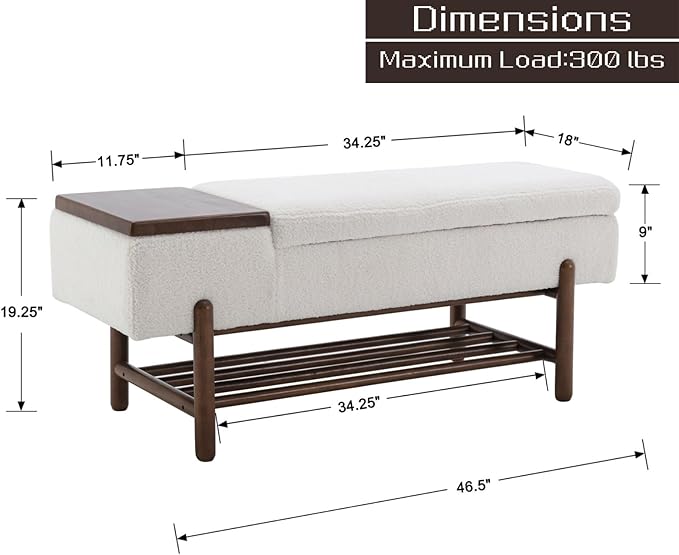 Modern Entryway Storage Bench, Upholstered Shoe Ottoman Bench, Sherpa Flip-Top End of Bed Bench with Wood Shelf/Coffee Table for Living Room/Bedroom/Hallway/Under Window,46.5 Inches,Beige Fur