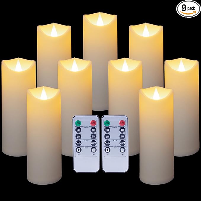 Enido 9-Piece Flameless LED Candles with Remote & Timer - 3D Flickering Real Flame Effect - Heat-Resistant Plastic Battery Operated Pillars for Home Decor, Weddings (D: 2.2” x H: 5”, 6”, 7”)