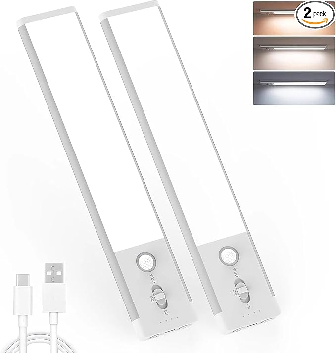 Under Cabinet Lights 2 Pack, 70 LEDs 1000mAh Rechargeable Battery Operated Motion Sensor Light Indoor, 3 Color Temps, Wireless Magnetic Dimmable Closet Light for Kitchen, Wardrobe, Pantry(Silver)