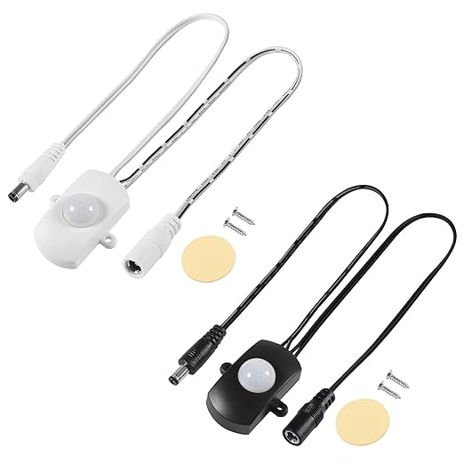 2PCS Mini Pir Motion Sensor Switch, DC 5-24V Auto PIR Infrared Motion Sensor Detector LED Light Strip Switch 5.5 DC Plug for DIY LED Lighting, Light Sensor, Time & Distance Adjustable (Black & White)