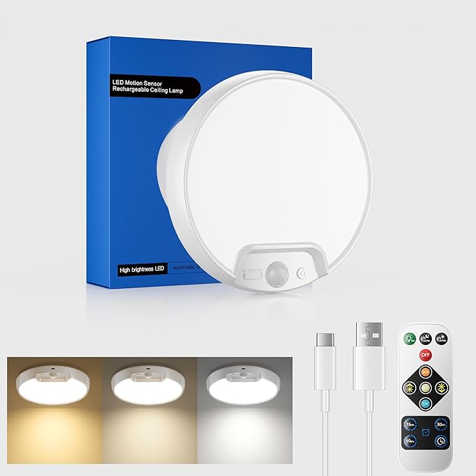 Homelist Rechargeable Motion Sensor Ceiling Light with Remote - Wireless Battery-Operated Ceiling Light for Pantry, Basement Storage, Closet, Bathroom, Laundry Room, Hallway, Stairs (3CCT)