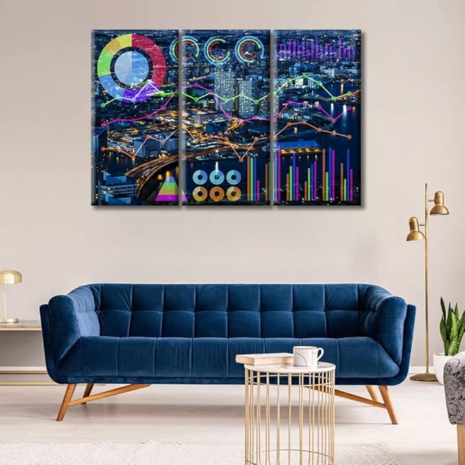 Modern Buildings and Various Charts Canvas Paintings Wall Decor 3 Piece Media Smart City Painting Black and White Wall Art Modern Home Decor Posters and Prints Framed Ready to Hang (42"Wx28"H)