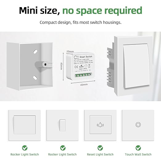 VIPMOON WiFi Smart Light Switch, Mini Smart Breaker Module, APP/Voice Remote Control, Compatible with Alexa, Google Home, Tuya/Smart Life (1/2 Way, AC 100-240V)