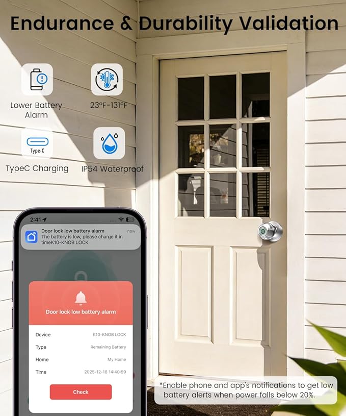 Fingerprint Door Lock, Smart Fingerprint Door Knob with Lock, Biometric Door knob with App Control & Key, Keyless Thumbprint Entry Door Locks for Bedrooms, Front Door, Home, Apartment-Bright Silver