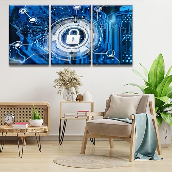 3 Panel Modern Wall Art Contemporary Posters and Prints, Cybersecurity and Secure Nerwork Artwork Modern Home Wall Decorations, Wooden Framed Gallery-Wrapped Ready to Hang, 16x24inchx3