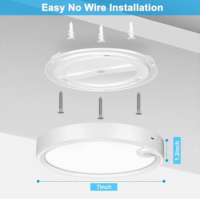 Youtob Rechargeable Motion Sensor Ceiling Light - USB Powered, 6500K Bright White, Auto-On LED Closet Lighting for Stairs, Porch, Hallway, Pantry with Long-Lasting Battery Life and Easy Installation