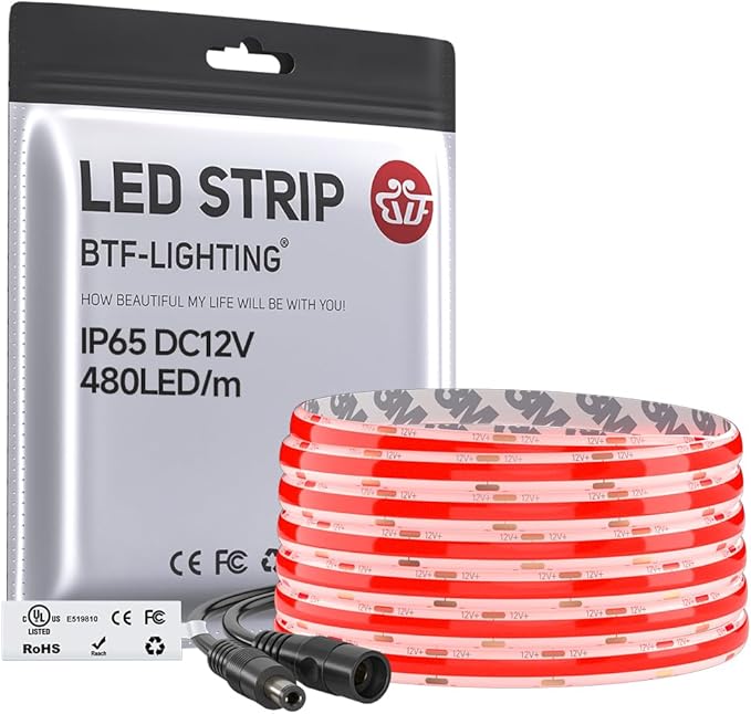 BTF-LIGHTING FCOB IP65 Waterproof Red Color COB LED Strip 16.4FT DC12V 480LED/m 8mm Width Flexible High Density CRI 90+ Dimmable LED Light for Home Indoor Decor(No Controller or Adapter)