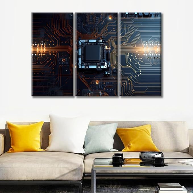 Wall Decor Motherboard Digital Chip Canvas Wall Art CPU Concept Modern Artwork for Office Chip Picture Print on Canvas Framed Ready to Hang for Living Bedroom Home (42"Wx28"H)