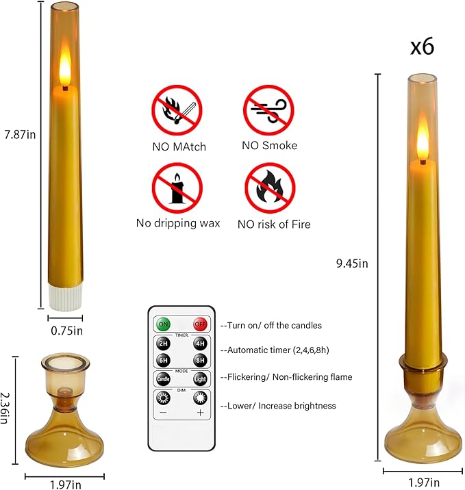 Flameless Taper Candles with Remote and Timer - 6 Pack LED Candles, Battery Operated, for Home, Wedding, Party (Gold)
