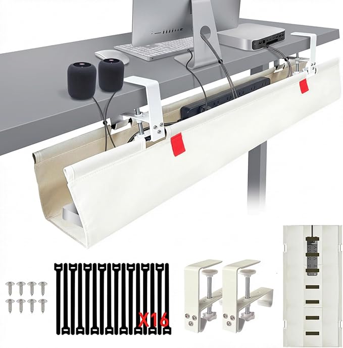 [Upgraded] Under Desk Cable Management, 48" Cord Organizer, with Silicone Pads (No Scratch!), 16 Cable Ties, Washable PE Honeycomb Base,Fits Any Desk 0-2.1", No Stinky Cardboard!Beige 48"L x 6"W