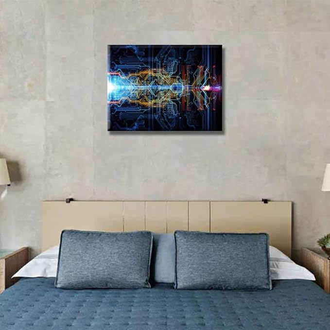 Abstract Technological Background Canvas Wall Art for Living Room Circuit Board Wall Painting Electronic PC Picture for Office Home Wall Decorations Framed Wall Decor Ready to Hang 12X16 INCH