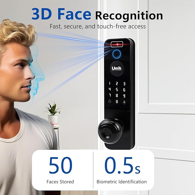 UMIKSMART Video Smart Door Lock with Camera, 3D Face Recognition & Fingerprint, WiFi Keyless Entry Deadbolt with Doorbell, Digital Keypad, Tuya App Control for Home Apartment, Black
