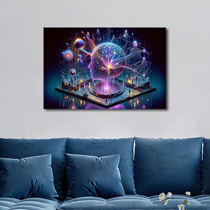Human Brain Artificial Intelligence Picture Wall Decor Neural Network Paintings Canvas Wall Art Framed Modern Home Decor for Living Room Posters and Prints 16" Wx24 Hx1 Panel