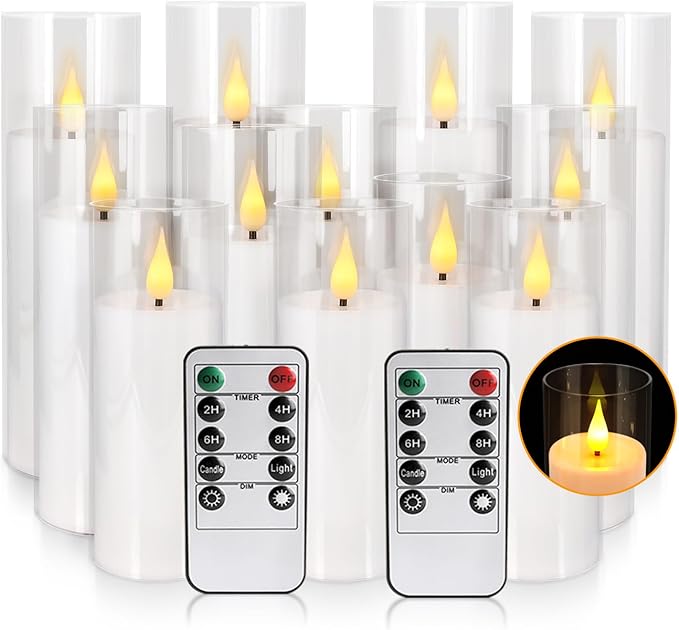 12-Pack White Acrylic Flameless LED Candle Set with Timer Remote Control—Ideal for Home Decor, Valentine's Day, Weddings, and Holiday Celebrations.