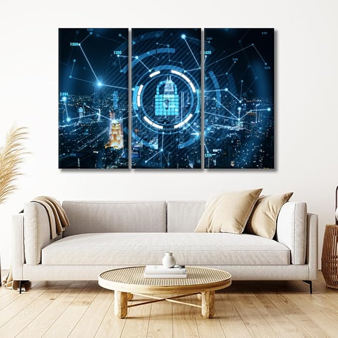 3 Panel Canvas Wall Art Blue Keylock Hologram with Dark Night City View Posters and Prints,Artwork for Home Office Wall Decoration, Framed Gallery-Wrapped Ready to Hang, 20x40inchx3