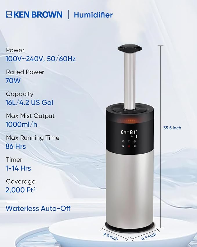 Humidifier Large Room, 16L/4.2Gal Whole House Humidifiers for Home 2000 sq.ft, Ultrasonic Cool Mist Humidifier for Bedroom, Plants, Baby