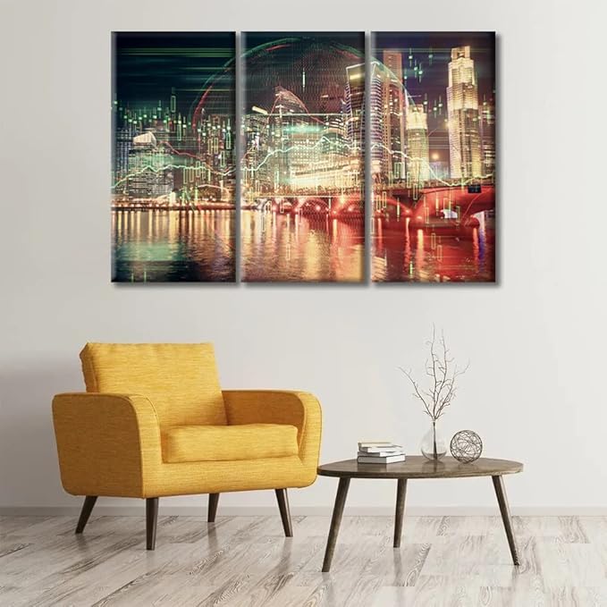 TUMOVO Wall Art Modern Buildings and Various Charts Pictures Living Room Wall Decor 3 Pieces Trading Graph on The Cityscape at Night Background Black and White Wall Art Ready to Hang (42" Wx28 H)