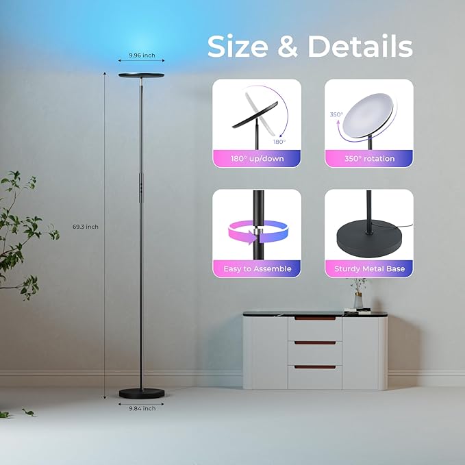 Floor Lamp, 2800LM RGBWW Smart Standing Lamps for Living Room with Smart App & Voice Control, 69.3in Torchiere Floor Lamps Color Changing, 350°Rotating LED Tall Lamp for Bedroom Office Gaming Party