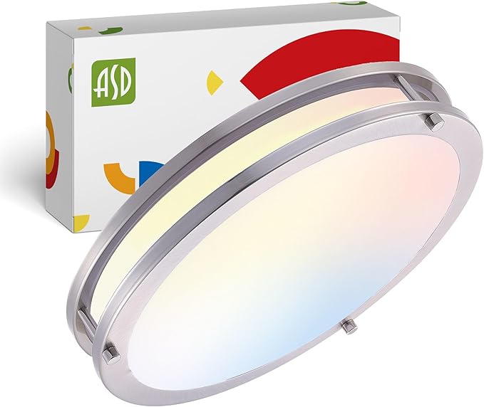 ASD LED 14" Round Flush Mount Lighting, Close to Ceiling Light Fixture | 3CCT, Dimmable, Energy Star, ETL Listed | 21W 1725LM 3000-5000K 100-277V | Low Profile Double Ring Lamp | Nickel