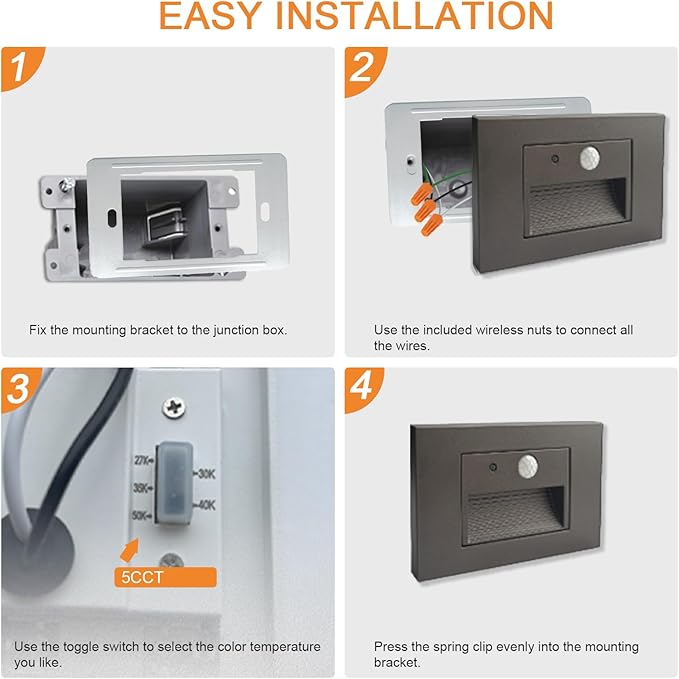 Horizontal LED Step Lights, Motion Sensor & Dusk to Dawn, IP65 Waterproof, 3000K-5000K Adjustable, 3W 120V Bronze Stair Lights Tread Lighting Indoor Outdoor, ETL Listed - 4PK