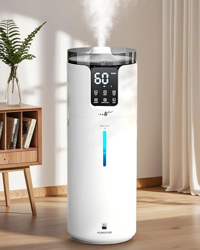 Humidifier Large Room, 4.2 Gal/16L Large Humidifier for 1500 sq.ft, 360° Nozzles Cool Mist Ultrasonic, Top Fill Tower Humidifiers for Bedroom Office Plant wholehouse with Extension Tube, Night Light