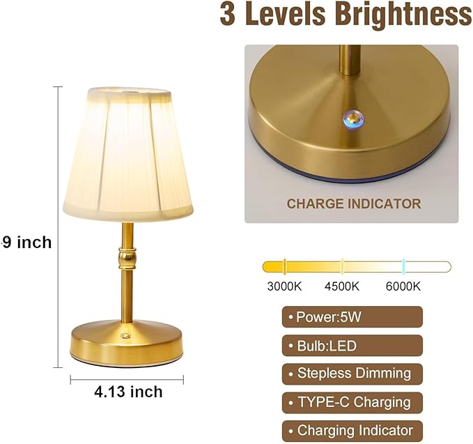 5w Led Cordless Mini Lamps,3000 mah Battery Operated Lamp,3 Color Temperature Dimmable Table Lamp,Gold Rechargeable Table Lamp Fabric,Aesthetic Small kitchen Lamp for Counter,Restaurant,Bar,H9.8"