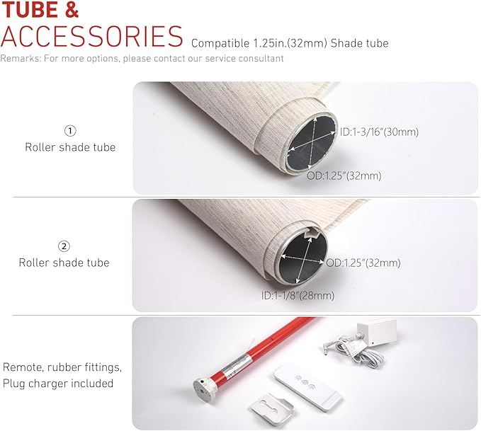 Rollerhouse Battery Powered Electric Shade Motor Blinds Tubular Motor Kits Compatible with OD 1-1/4"（32mm Roller Blind Tube,Mounting Bracket Sold Separately