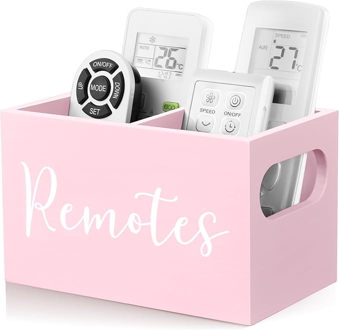 DRASTAR Remote Holder and Organizer - TV Remote Caddy for Table, Wooden Storage Organizer with Pink Accessories