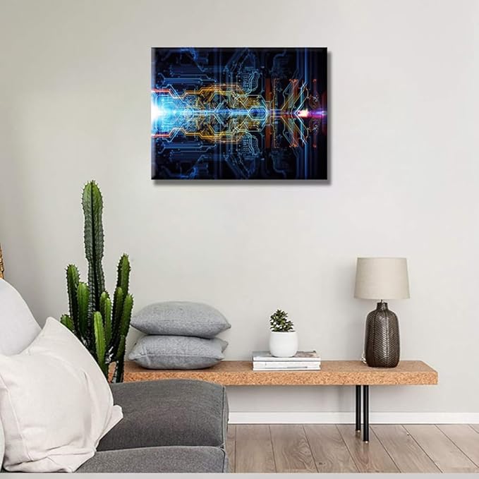 Abstract Technological Background Canvas Wall Art for Living Room Circuit Board Wall Painting Electronic PC Picture for Office Home Wall Decorations Framed Wall Decor Ready to Hang 12X16 INCH