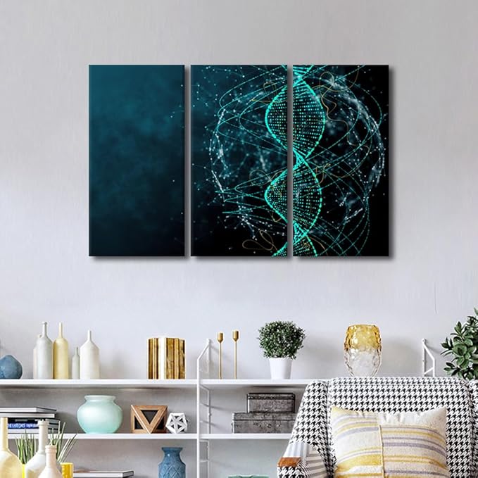 Wall Art Decor for Medicine Poster Canvas Decor Blue DNA Picture Printing 3 Panel Modern Canvas Artwork Prints for Lady Living Room Decor Stretched and Framed Ready to Hang 28"Wx42"H