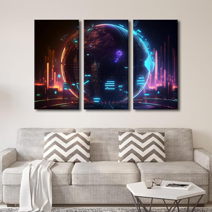 TUMOVO 3 Panel Modern Wall Art Cyber Space 3D Poster on Canvas for Bedroom Living Room Wall Decoration, Neon Digital World Artwork Giclee Wooden Framed Ready to Hang, 42" Wx28 H