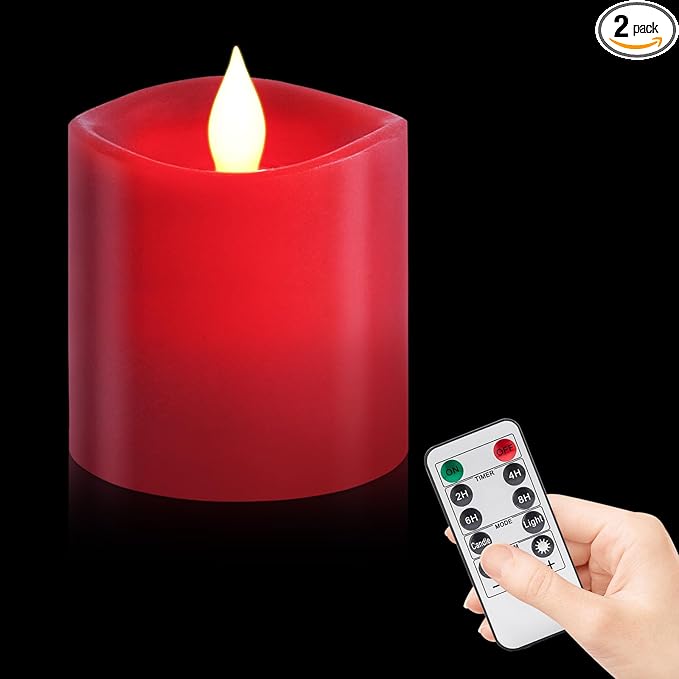 Red LED Pillar Candles 3x3 Inch - Battery Operated Flameless Candles with Remote Timer & Realistic Flickering Flame, 600+ Hours Lasting for Christmas Halloween Home Decor (1-Pack)