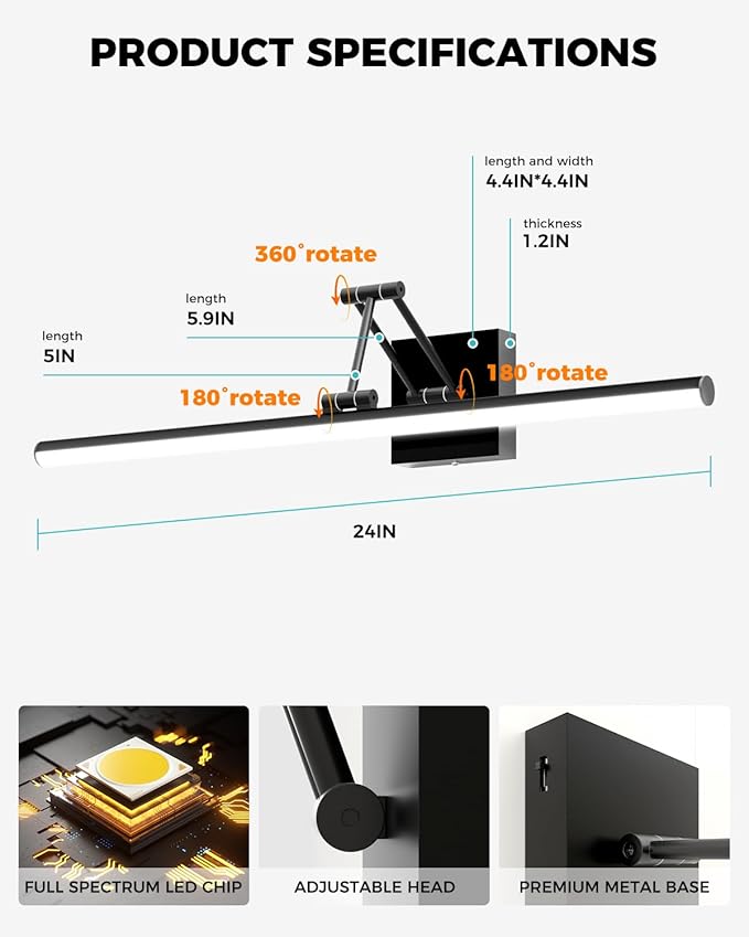 Black Bathroom Vanity Light Fixtures, Morden Vanity Lights with LED Lighting Bar, 5CCT&Dimmable Wall Sconce Lamp,16IN Rotatable Bathroom Light Fixture Over Small Mirror For Restroom Bedroom-ETL