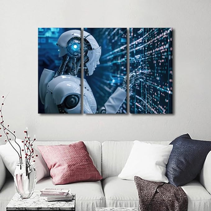 Wall Decorations for Living Room - Big Data Analysis Wall Art Canvas Print Robot Paintings AI Intelligence Art Prints 3 Piece Framed Wall Art Home Office Decor Modern Artwork Ready to Hang, 42"Wx28"H