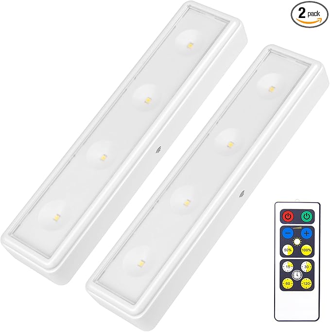 BIGMONAT Under Cabinet Lighting Wireless, Battery Operated Lights with Remote, 3000K Warm White Dimmable Push Light,80 Lumen Stick-On LED Lighting Bar for Shelf, Kitchen, Hallway, Pantry