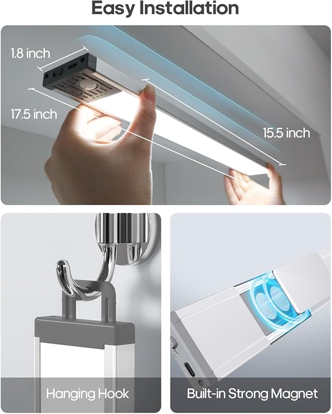 17.5Inch Under Cabinet Lighting, 4500mAh Rechargeable Battery Motion Sensor Light Indoor, Wireless Under Cabinet Lights for Kitchen, Closet(6 Pack,17.5 inch)