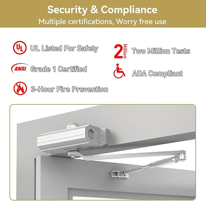 Automatic Door Closer Heavy Duty Fire Prevention Spring Hydraulic Aluminum Alloy Surface Mounted Residential Commerical Door Closer (Silver, Size3-Hold Open Door Weights 187-231 Lbs)