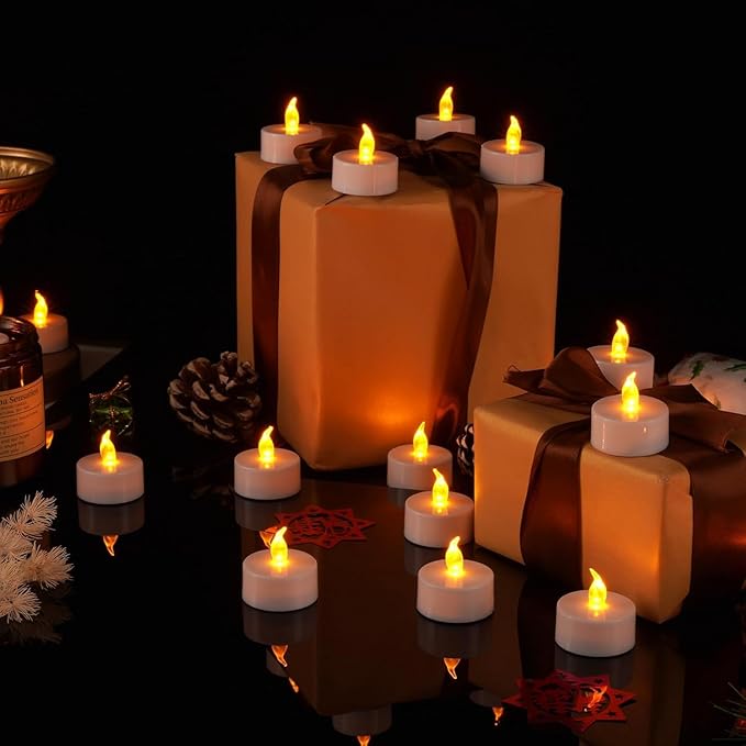 Tea Lights Flameless Battery Operated Candles-12Pack LED Electric Flickering Votive Candle Long Lasting 200 Hours, Realistic and Bright for Seasonal Festive Celebrations Decoration Warm Yellow