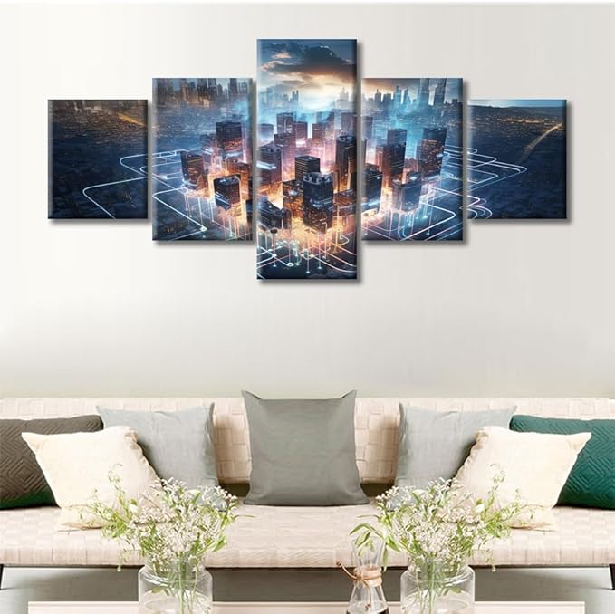 Artificial Intelligence Concept Canvas Wall Art for Bedroom City Smart Brain Wall Art for Living Room Human Brain Energy Wall Art Decor Modern Artwork for Home Framed Ready to Hang (50"Wx24"H)