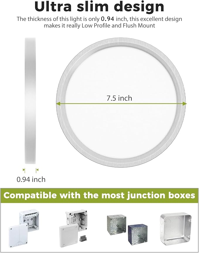 hepside 1Pack Dimmable Flush Mount Ceiling Light Fixture Brushed Nickel, 3CCT Selectable 3000/4000/6500K Ceiling Lamp, 7.5INCH 15W 1500LM Low Profile Light for Bedroom, Kitchen, Bathroom, Hallway