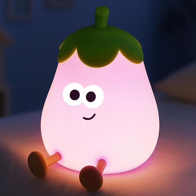 Eggplant Night Light for Kids, Nursery Night Lights, Bedside Touch Lamp, Cute Silicone Nightlight for Baby Boy Girl, 3 Level Dimmable Squishy Lamps Gift for Bedroom Kids Room Decor