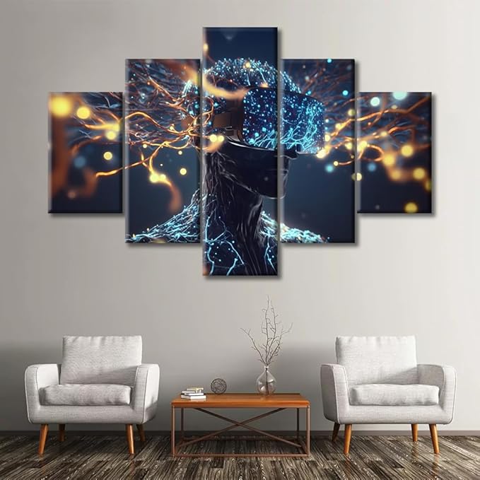 5 Pieces Canvas Prints Artificial Intelligence Technology Wall Art Modern Home Decor Brain Neural Human Head Poster Living Room Bedroom Decoration Artwork Painting Framed Ready to Hang, (60"Wx40"H)