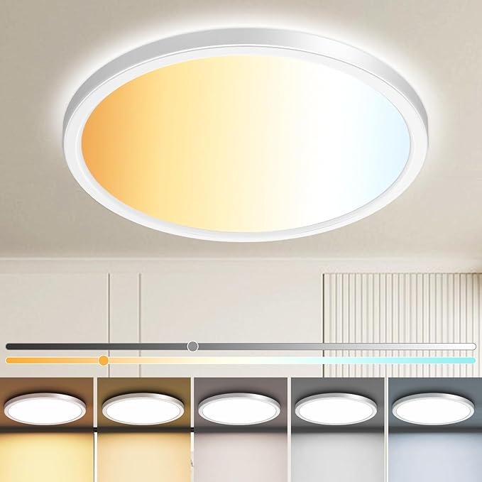 zemty 13 inch White LED Flush Mount Ceiling Lights, Dimmable 5 Color Temp (3000K-6500K), 24W 2400LM Bright Round Light Fixture for Kitchen/Bathroom/Bedroom/Office,1Pack