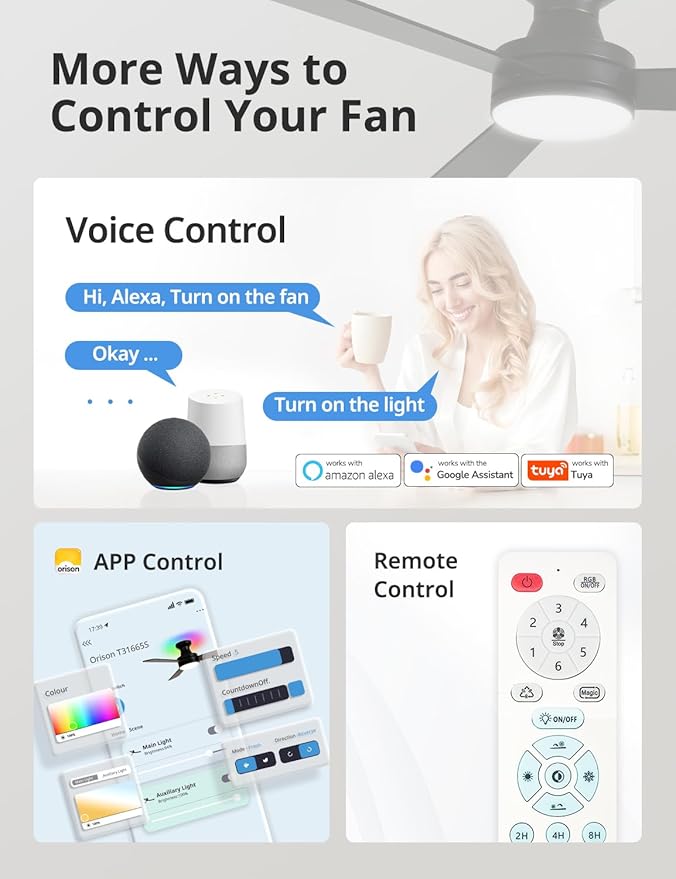Orison Smart Ceiling Fans with Lights – 42" Low Profile Flush Mount, RGB Backlight & Dimmable LED, Alexa & Google Compatible, 6-Speed Reversible, App & Remote Control, Quiet & Energy Saving, Black