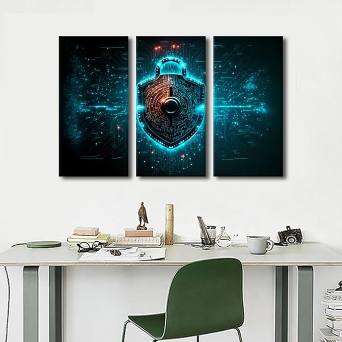 TUMOVO 3 Panel Modern Wall Art Binary Code Lock Picture Prints on Canvas Wall Paintings for Bedroom Living Room, Cybersecurity Conceptual Artwork Wooden Framed Ready to Hang, 36" Wx24 H