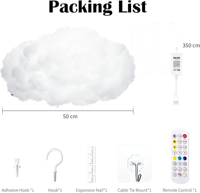 3D Cloud Lamp 3 Pack – 24 Inch Cotton LED Mood Lights, APP & Remote Controlled, Music Sync, 16 Million Colors, USB Powered for Bedroom, Gaming Room, Starry Sky Ceiling Decor